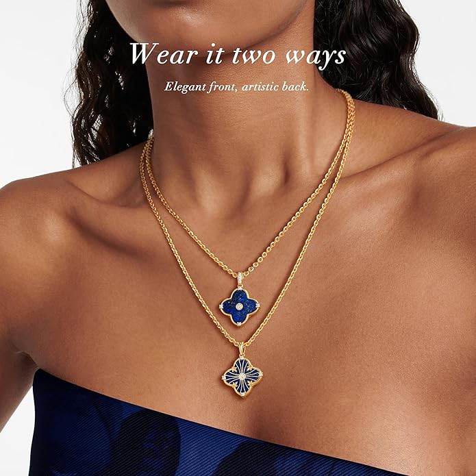OSIANA Reversible Clover Necklace for Women 14K Gold Plated Natural Stone Four Leaf Pendant Necklaces Lucky Charm Jewelry image 3