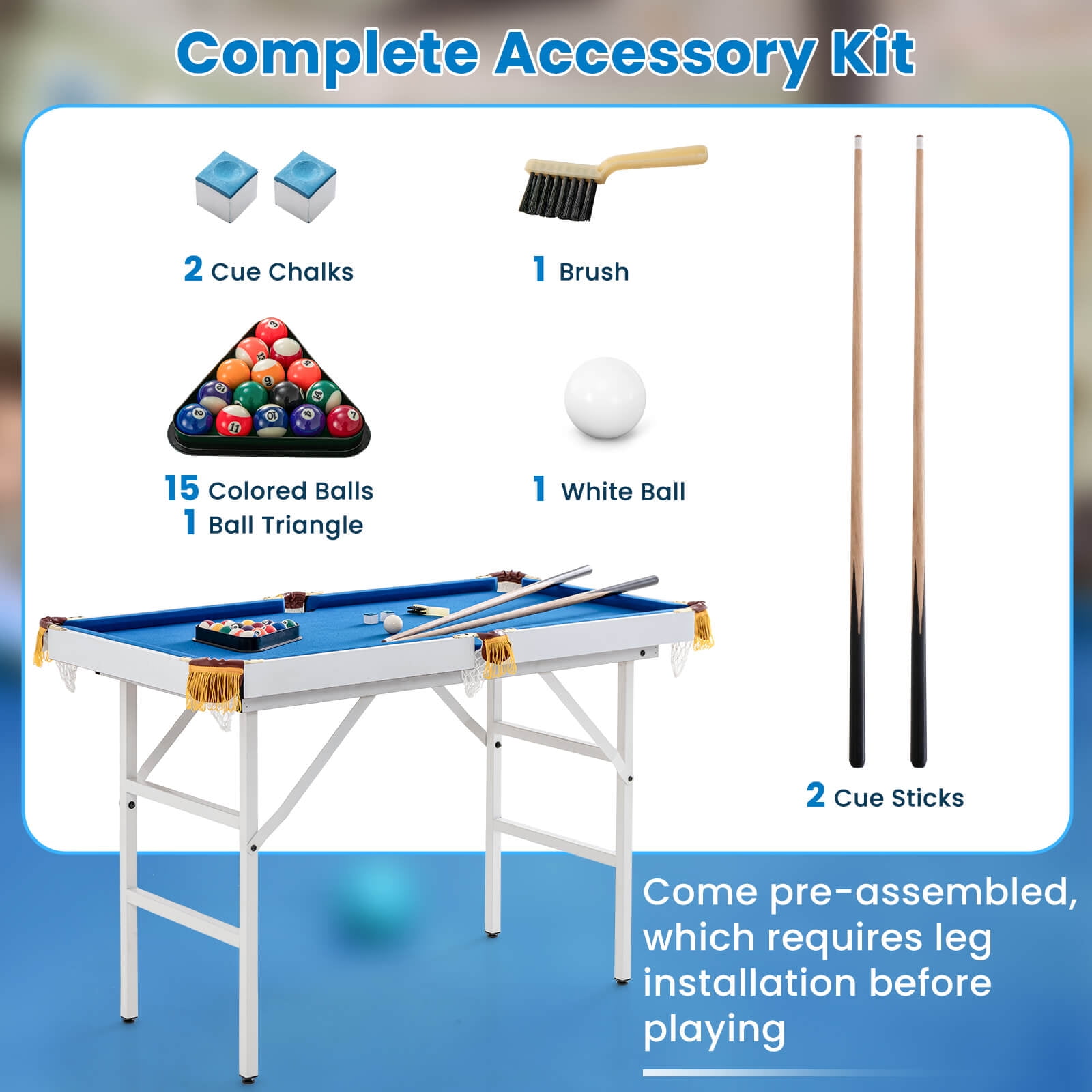 Costway 47" Folding Billiard Table Pool Game Table for Kids w/ Cues & Chalk & Brush image 9