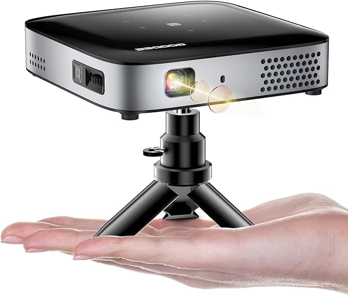 GooDee WiFi Bluetooth Mini Projector - 4K DLP Projector 1080P Support Pocket Pico Movie Projector with Tripod, Outdoor Video Portable Rechargeable Battery Short Throw for iPhone/Android image 1