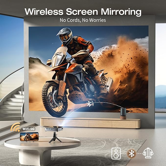 GooDee WiFi Bluetooth Mini Projector - 4K DLP Projector 1080P Support Pocket Pico Movie Projector with Tripod, Outdoor Video Portable Rechargeable Battery Short Throw for iPhone/Android image 2