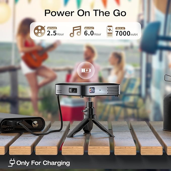 GooDee WiFi Bluetooth Mini Projector - 4K DLP Projector 1080P Support Pocket Pico Movie Projector with Tripod, Outdoor Video Portable Rechargeable Battery Short Throw for iPhone/Android image 3