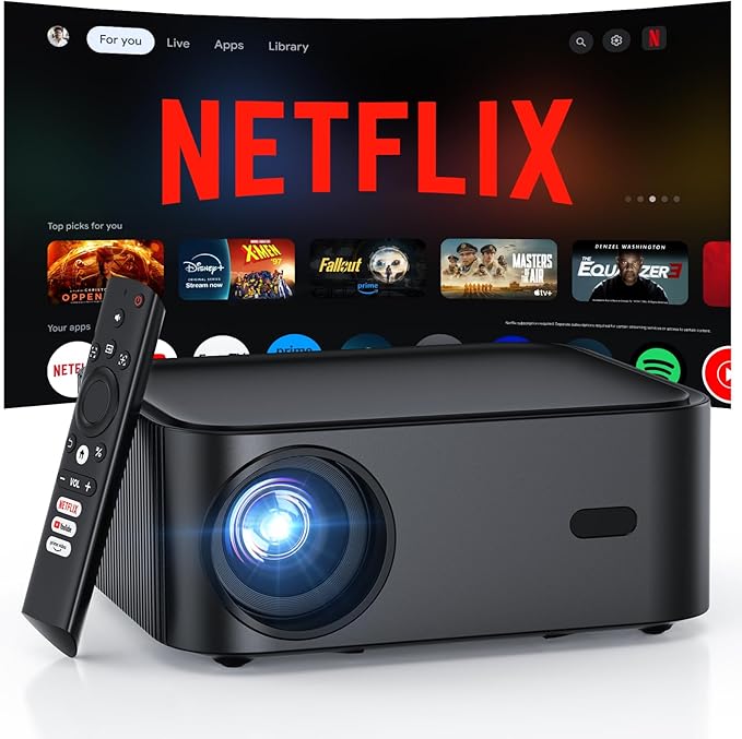 Official Licensed Netflix Smart Projector, HAPPRUN Projector 4K with Wifi and Bluetooth, DoIby Audio, Built-in Apps, Native 1080P 1000ANSI, Electric Focus, Portable Projector for Home Cinema, Bedroom image 1