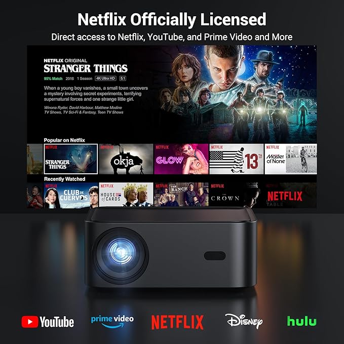 Official Licensed Netflix Smart Projector, HAPPRUN Projector 4K with Wifi and Bluetooth, DoIby Audio, Built-in Apps, Native 1080P 1000ANSI, Electric Focus, Portable Projector for Home Cinema, Bedroom image 2