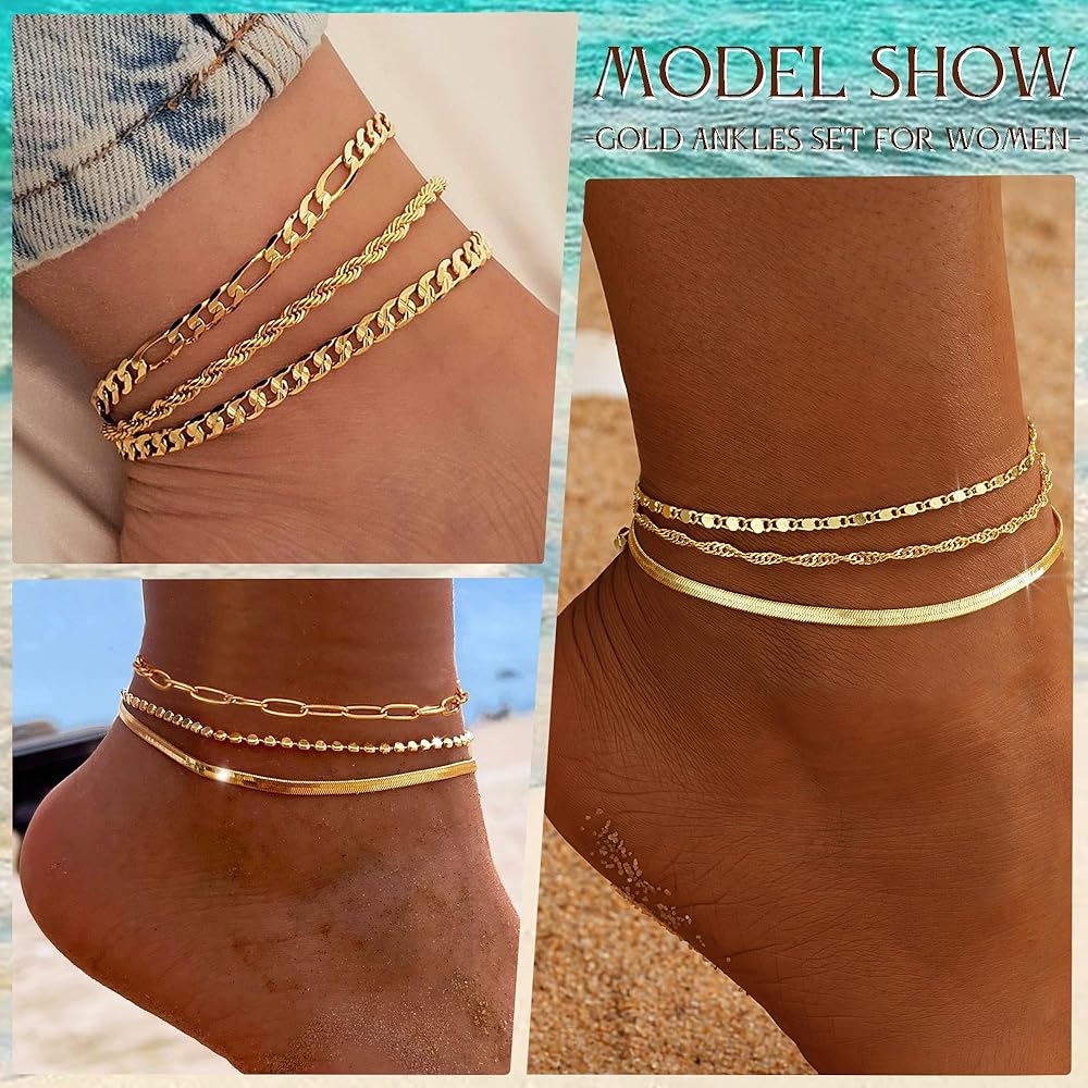 iF YOU Gold Ankle Bracelets for Women, 14k Gold Plated Waterproof Cuban Link Chain Anklets Set, Layered Anklet Bracelets for Women Beach Gift Adjustable Size 5pc image 2