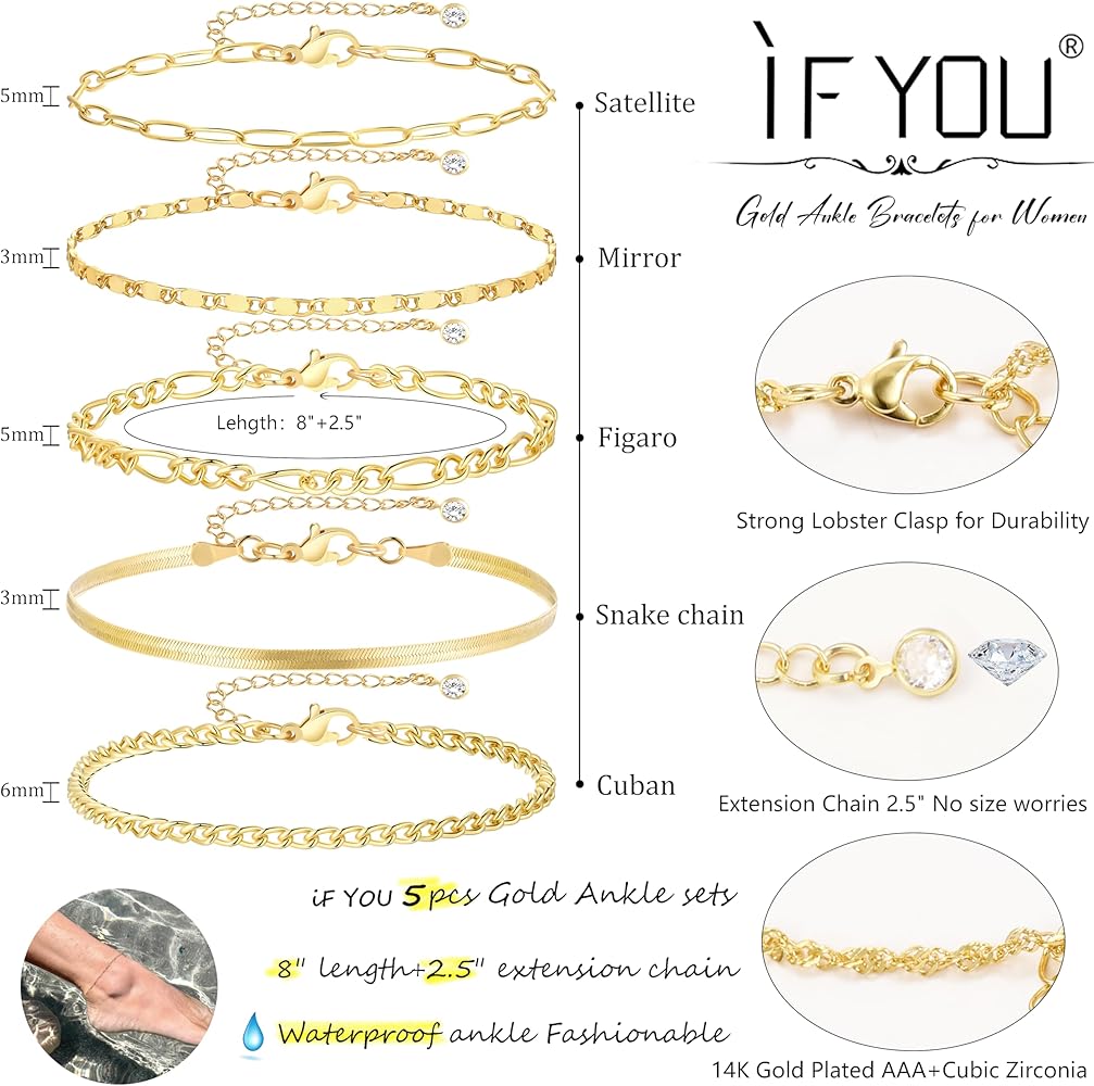 iF YOU Gold Ankle Bracelets for Women, 14k Gold Plated Waterproof Cuban Link Chain Anklets Set, Layered Anklet Bracelets for Women Beach Gift Adjustable Size 5pc image 4