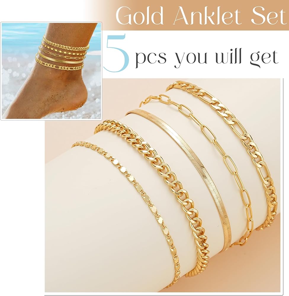iF YOU Gold Ankle Bracelets for Women, 14k Gold Plated Waterproof Cuban Link Chain Anklets Set, Layered Anklet Bracelets for Women Beach Gift Adjustable Size 5pc image 5