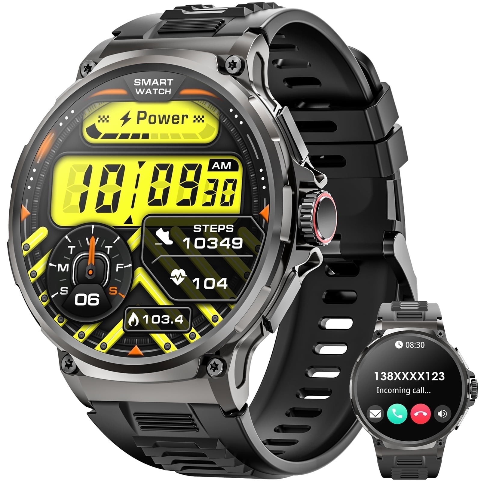 Mingdaln 2025 New 1.85 inch Men's Military Smart Watch fits for Android and Iphone Devices (Black) image 1