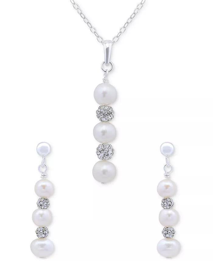 Cultured Freshwater Pearl (5-7mm) & Crystal Pendant Necklace & Matching Drop Earrings Set in Sterling Silver image 1
