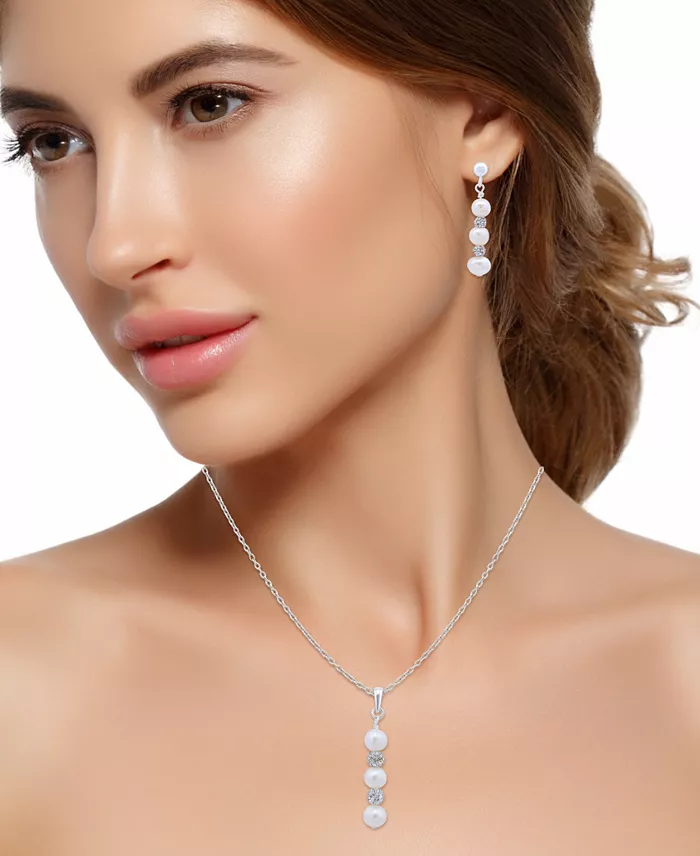 Cultured Freshwater Pearl (5-7mm) & Crystal Pendant Necklace & Matching Drop Earrings Set in Sterling Silver image 3