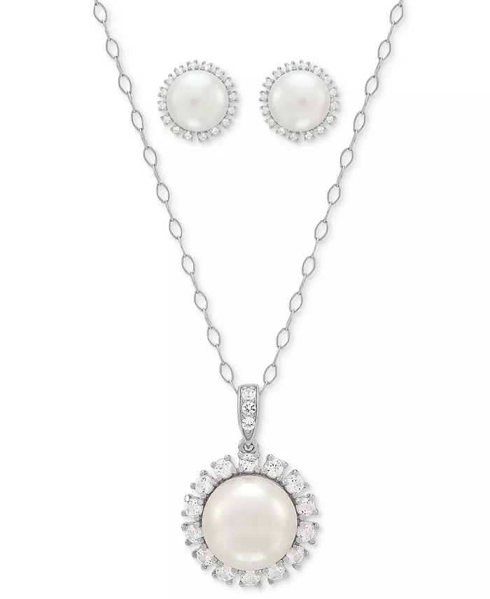 2-Pc. Set Cultured Freshwater Button Pearl (8 & 10mm) & Lab Created White Sapphire (7/8 ct. t.w.) Halo Pendant Necklace & Matching Stud Earrings in Sterling Silver image 1