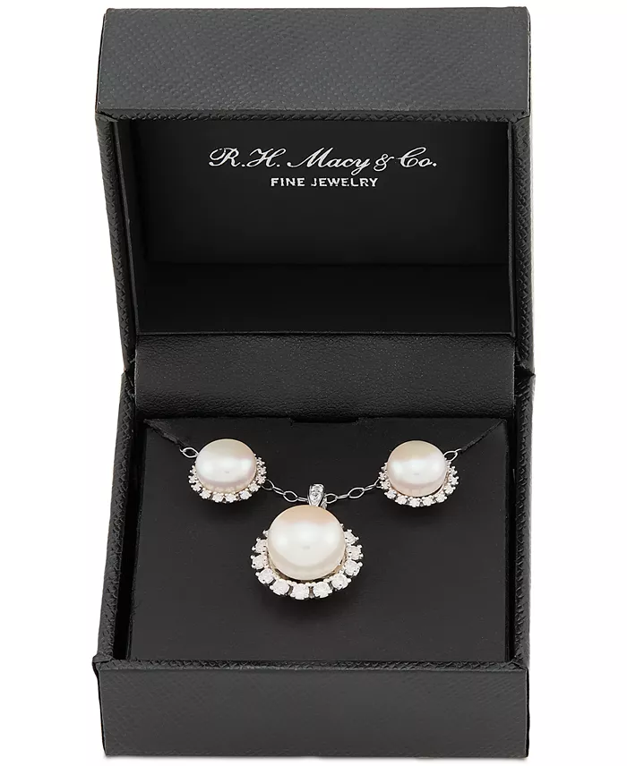 2-Pc. Set Cultured Freshwater Button Pearl (8 & 10mm) & Lab Created White Sapphire (7/8 ct. t.w.) Halo Pendant Necklace & Matching Stud Earrings in Sterling Silver image 2