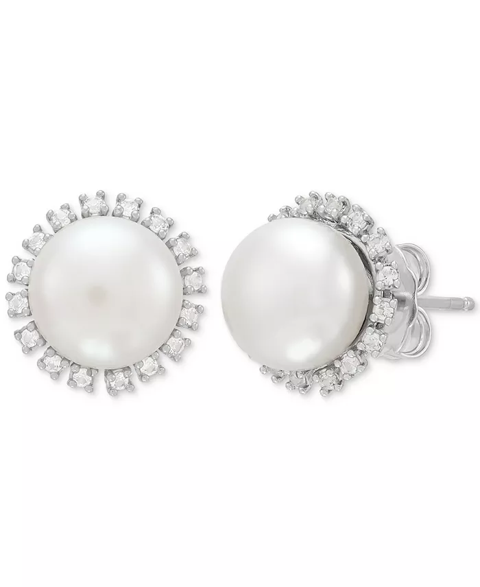 2-Pc. Set Cultured Freshwater Button Pearl (8 & 10mm) & Lab Created White Sapphire (7/8 ct. t.w.) Halo Pendant Necklace & Matching Stud Earrings in Sterling Silver image 3