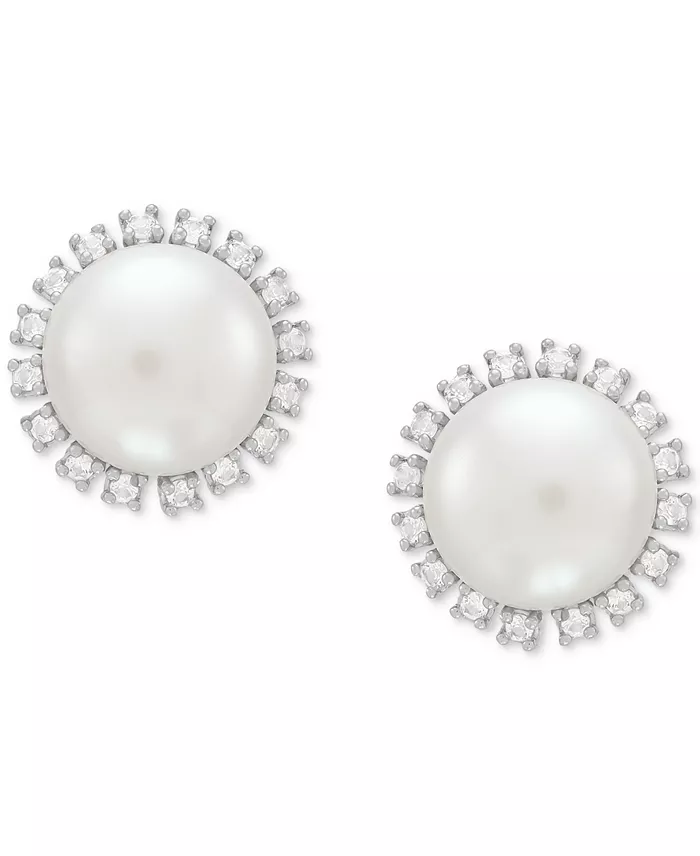 2-Pc. Set Cultured Freshwater Button Pearl (8 & 10mm) & Lab Created White Sapphire (7/8 ct. t.w.) Halo Pendant Necklace & Matching Stud Earrings in Sterling Silver image 4