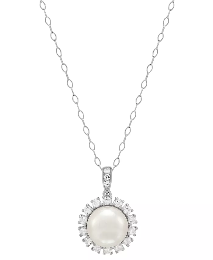 2-Pc. Set Cultured Freshwater Button Pearl (8 & 10mm) & Lab Created White Sapphire (7/8 ct. t.w.) Halo Pendant Necklace & Matching Stud Earrings in Sterling Silver image 5