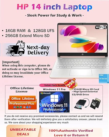 HP Business Student Laptop Computer - Windows 11 Pro & Microsoft Office Lifetime | 14 inch HD | AI-Powered, Long Batter Hr N-Serious Laptop| 16GB RAM, 128GB UFS, 256GB Extend Micro SD | Rose Gold image 2
