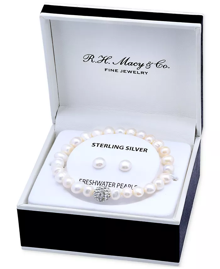 2-Pc. Set Multicolor Cultured Freshwater Pearl (7mm) & Crystal Bracelet & Complementing White Cultured Freshwater Pearl (7mm) Stud Earrings in Sterling Silver (Also in All-White Cultured Freshwater Pearl), Created for Macy's image 1