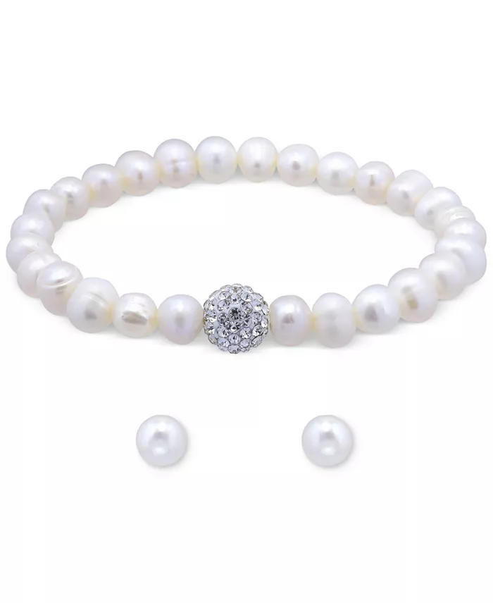 2-Pc. Set Multicolor Cultured Freshwater Pearl (7mm) & Crystal Bracelet & Complementing White Cultured Freshwater Pearl (7mm) Stud Earrings in Sterling Silver (Also in All-White Cultured Freshwater Pearl), Created for Macy's image 2