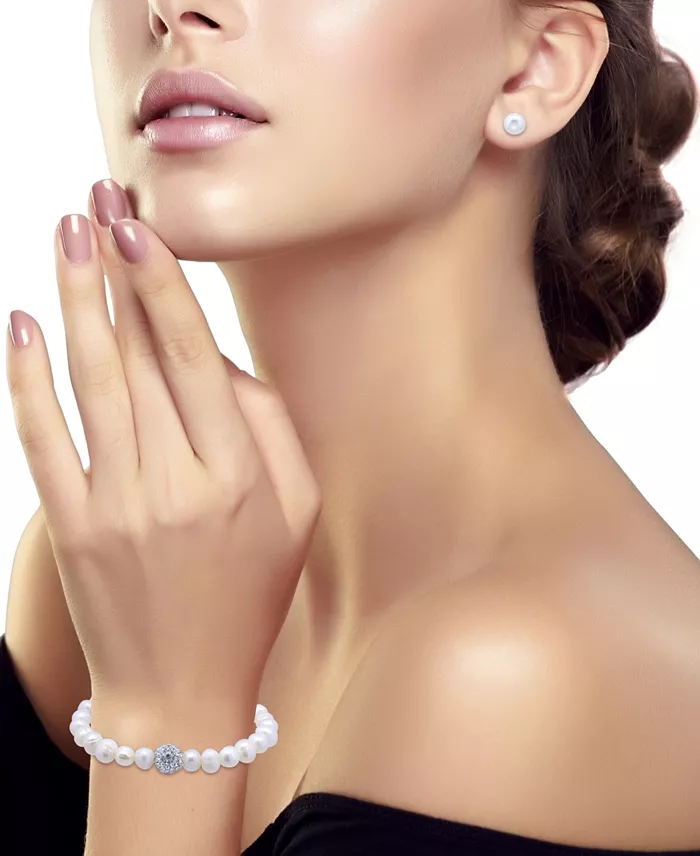 2-Pc. Set Multicolor Cultured Freshwater Pearl (7mm) & Crystal Bracelet & Complementing White Cultured Freshwater Pearl (7mm) Stud Earrings in Sterling Silver (Also in All-White Cultured Freshwater Pearl), Created for Macy's image 3