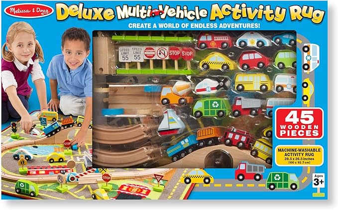 Melissa & Doug Deluxe Multi-Vehicle Activity Rug (39.5" x 36.5") - 19 Vehicles, 12 Wooden Signs, Train Tracks image 1
