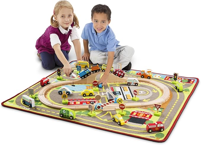 Melissa & Doug Deluxe Multi-Vehicle Activity Rug (39.5" x 36.5") - 19 Vehicles, 12 Wooden Signs, Train Tracks image 2