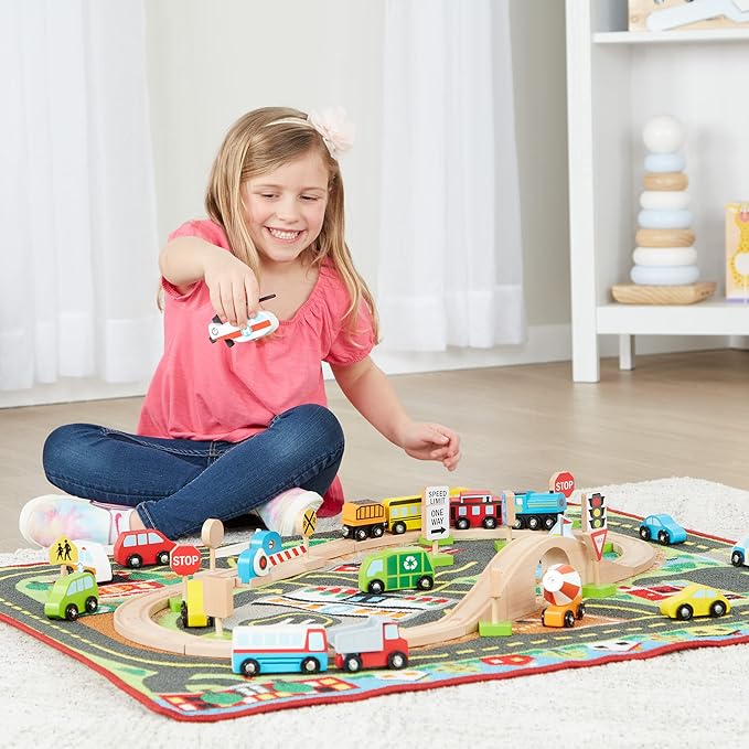 Melissa & Doug Deluxe Multi-Vehicle Activity Rug (39.5" x 36.5") - 19 Vehicles, 12 Wooden Signs, Train Tracks image 3