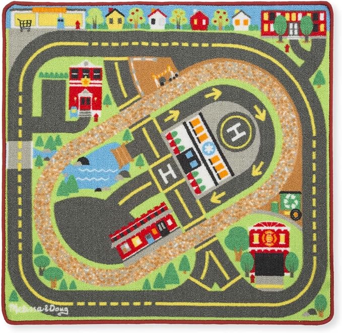 Melissa & Doug Deluxe Multi-Vehicle Activity Rug (39.5" x 36.5") - 19 Vehicles, 12 Wooden Signs, Train Tracks image 4