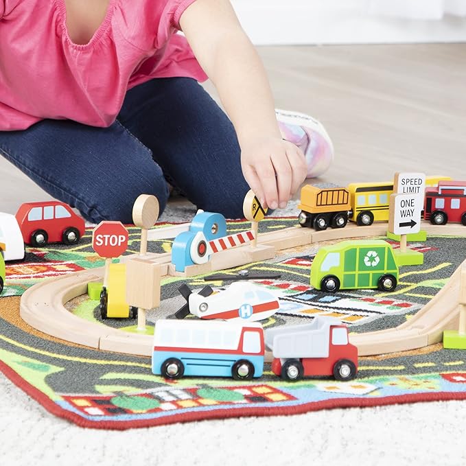 Melissa & Doug Deluxe Multi-Vehicle Activity Rug (39.5" x 36.5") - 19 Vehicles, 12 Wooden Signs, Train Tracks image 5
