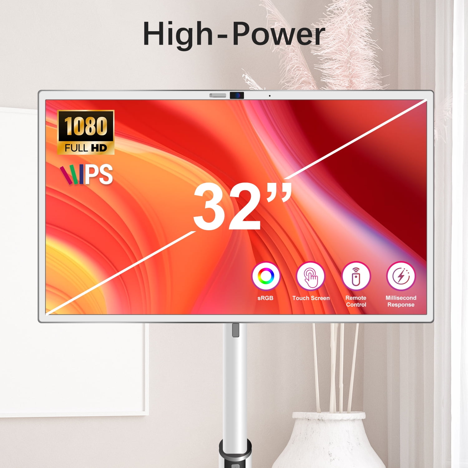 SANPTENT 32" Portable Touch Screen TV on Wheels, 8GB RAM 128GB Storage, 1080P Rolling Smart TV, Android OS 13, Full Swivel Rotation, Remote image 2