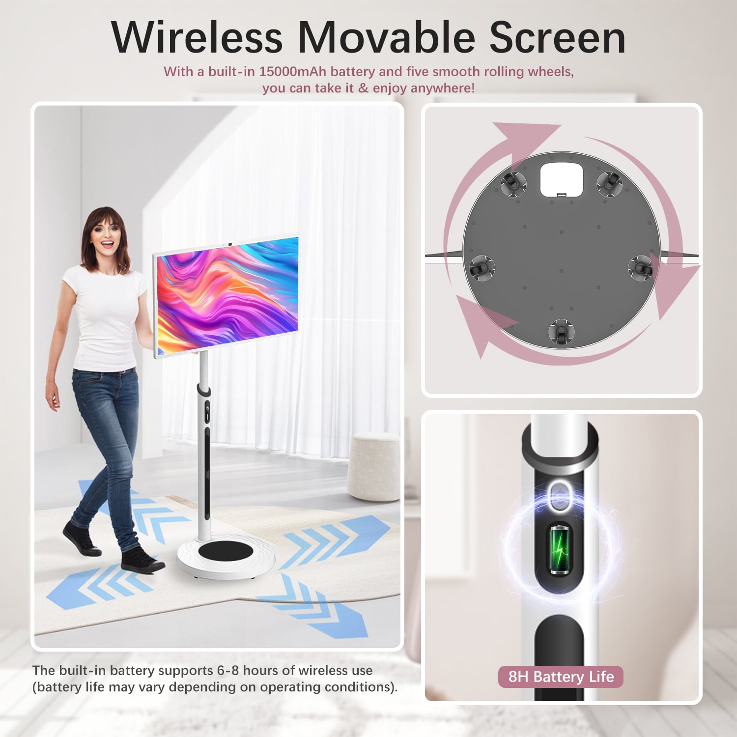 SANPTENT 32" Portable Touch Screen TV on Wheels, 8GB RAM 128GB Storage, 1080P Rolling Smart TV, Android OS 13, Full Swivel Rotation, Remote image 3