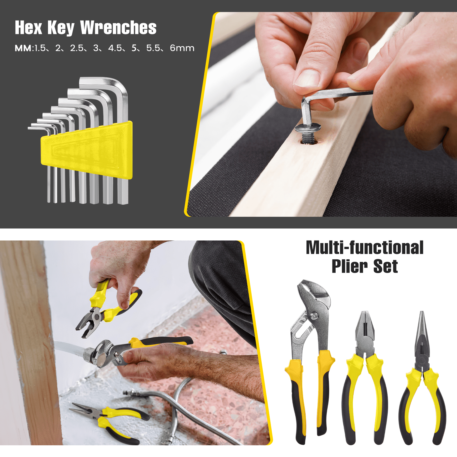 171 Piece Household Tool Kit/Mechanics Tool Set, Socket Wrench Auto Repair Tool Combination Package 1/4" Ratchet Wrench, Mixed Hand Mechanics Tools Kit Socket Set with Toolbox Storage Case, Yellow image 2