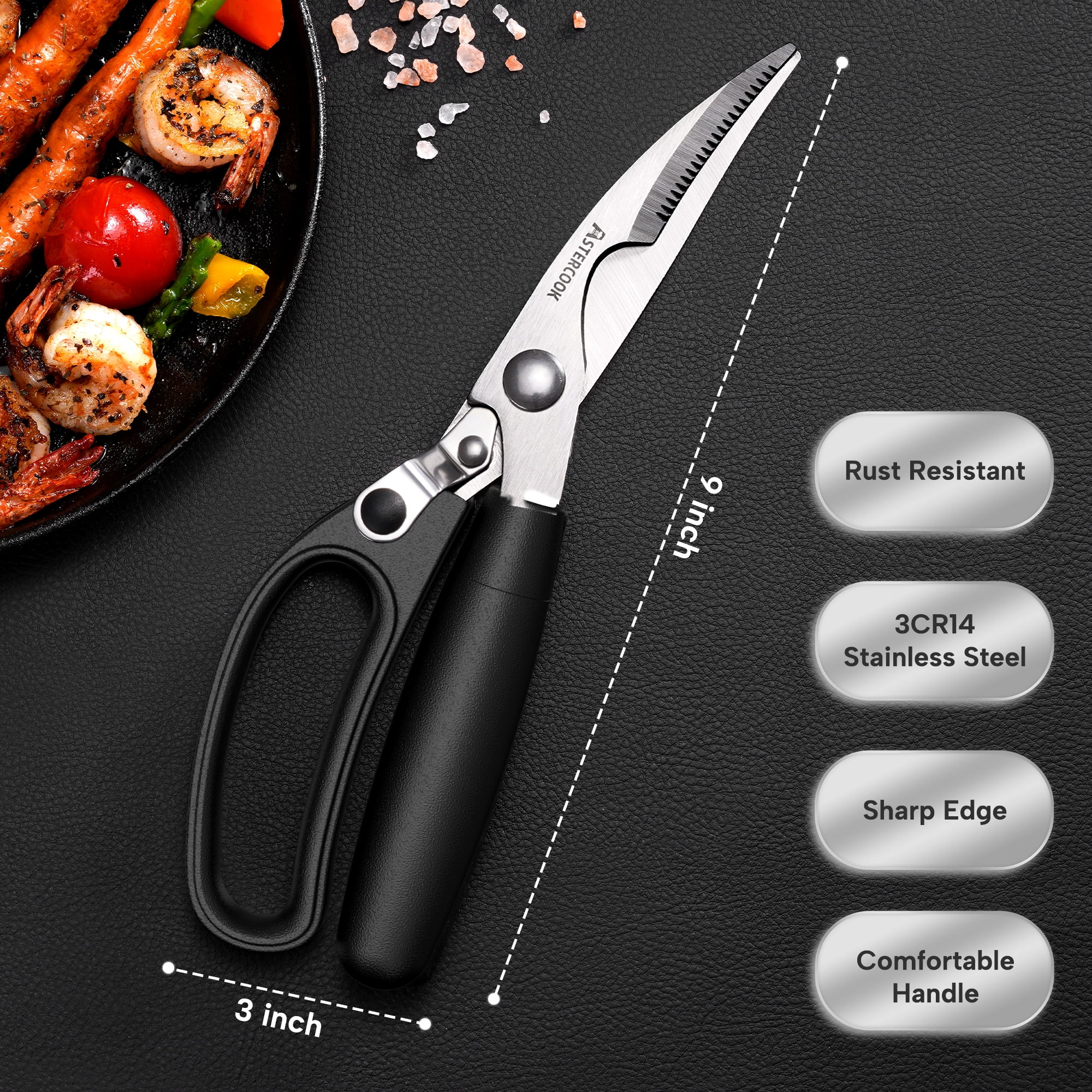 Astercook Kitchen Shears, Stainless Steel Heavy Duty Best Poultry Shears, Multi-Purpose Kitchen Scissors for Cutting Chicken, Fish, Seafood and Vegetables, Dishwasher Safe image 2