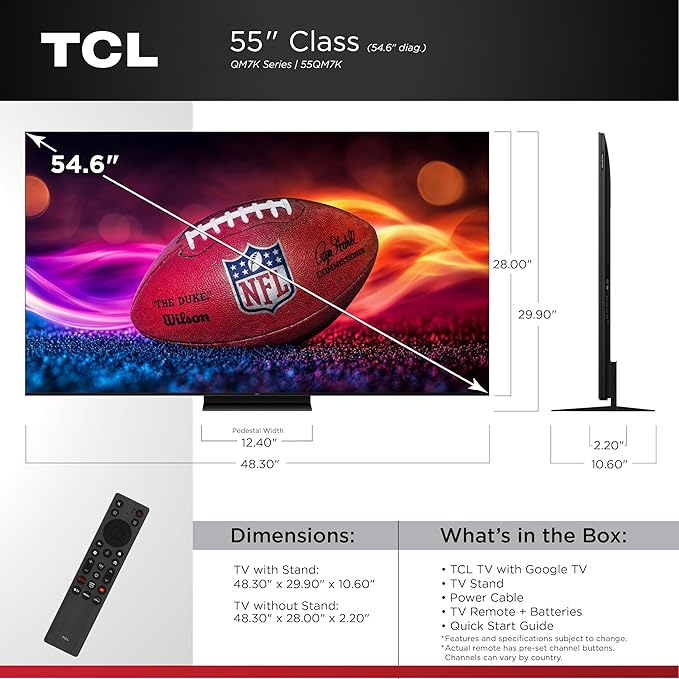 TCL 55-Inch QM7K QLED 4K Smart QD-Mini LED TV with Google TV (55QM7K, 2025 Model) Dolby Vision IQ, Dolby Atmos, HDR, Game Accelerator up to 240Hz, Voice Remote, Works with Alexa, Streaming Television image 2