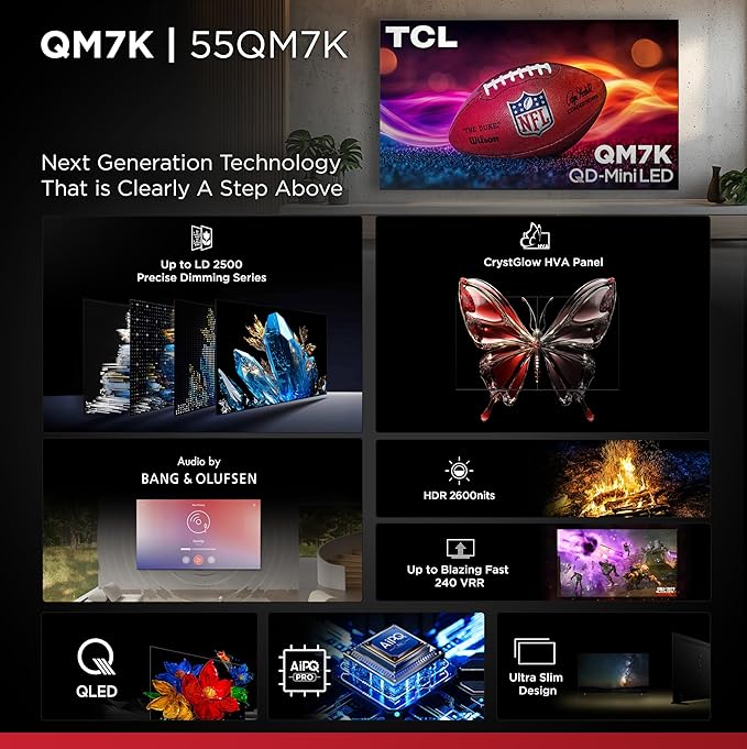 TCL 55-Inch QM7K QLED 4K Smart QD-Mini LED TV with Google TV (55QM7K, 2025 Model) Dolby Vision IQ, Dolby Atmos, HDR, Game Accelerator up to 240Hz, Voice Remote, Works with Alexa, Streaming Television image 3