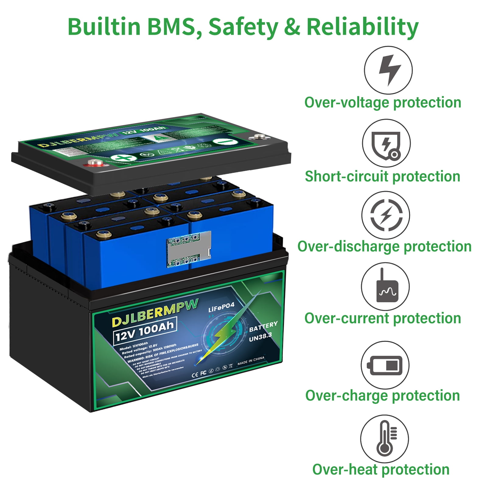 12V 100Ah LiFePO4 Battery, DJLBERMPW Lithium Battery 4000+ Deep Cycle 100A Smart BMS for RV, Marine, Solar System image 2