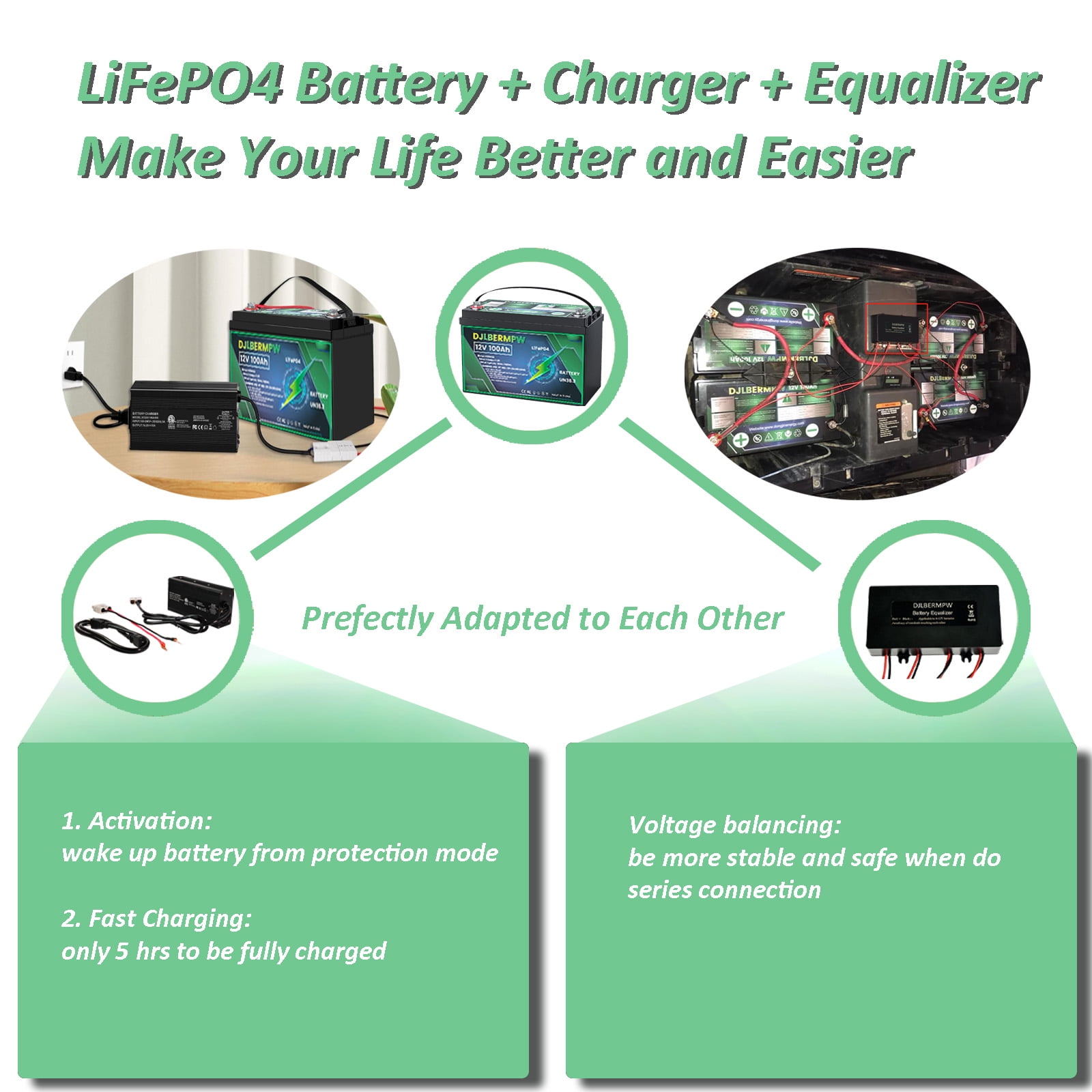 12V 100Ah LiFePO4 Battery, DJLBERMPW Lithium Battery 4000+ Deep Cycle 100A Smart BMS for RV, Marine, Solar System image 5