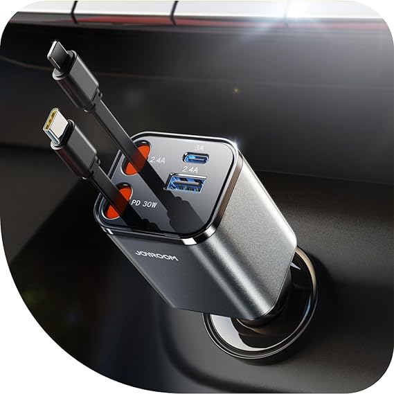 [2025 Ultra-Compact] JOYROOM Retractable Car Charger [69W Car Charger USB C] iPhone 16 Car Charger Fast Charging, Car Accessories, Car Phone Charger Adapter for iPhone 15 Pro Max, Gray image 1