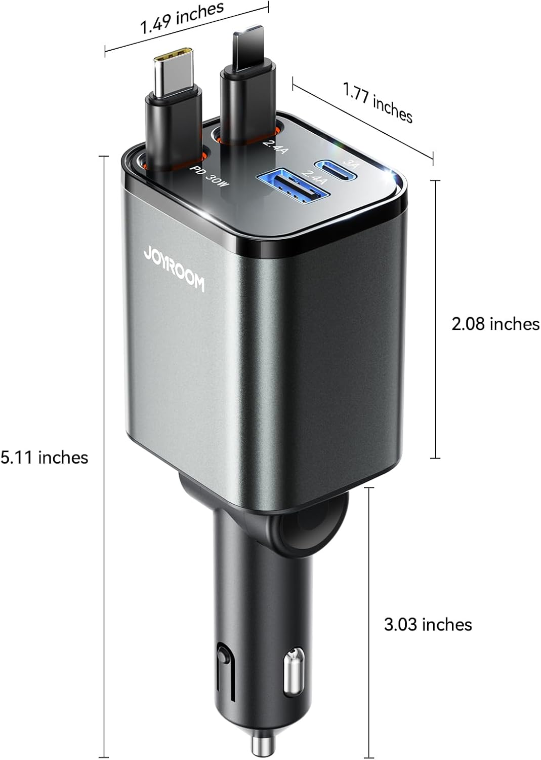 [2025 Ultra-Compact] JOYROOM Retractable Car Charger [69W Car Charger USB C] iPhone 16 Car Charger Fast Charging, Car Accessories, Car Phone Charger Adapter for iPhone 15 Pro Max, Gray image 6