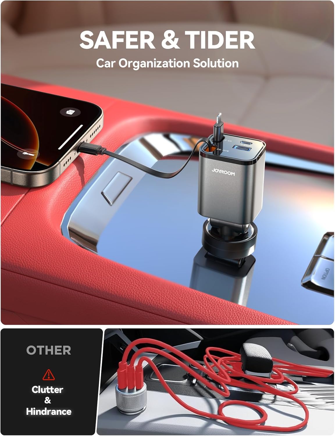[2025 Ultra-Compact] JOYROOM Retractable Car Charger [69W Car Charger USB C] iPhone 16 Car Charger Fast Charging, Car Accessories, Car Phone Charger Adapter for iPhone 15 Pro Max, Gray image 7