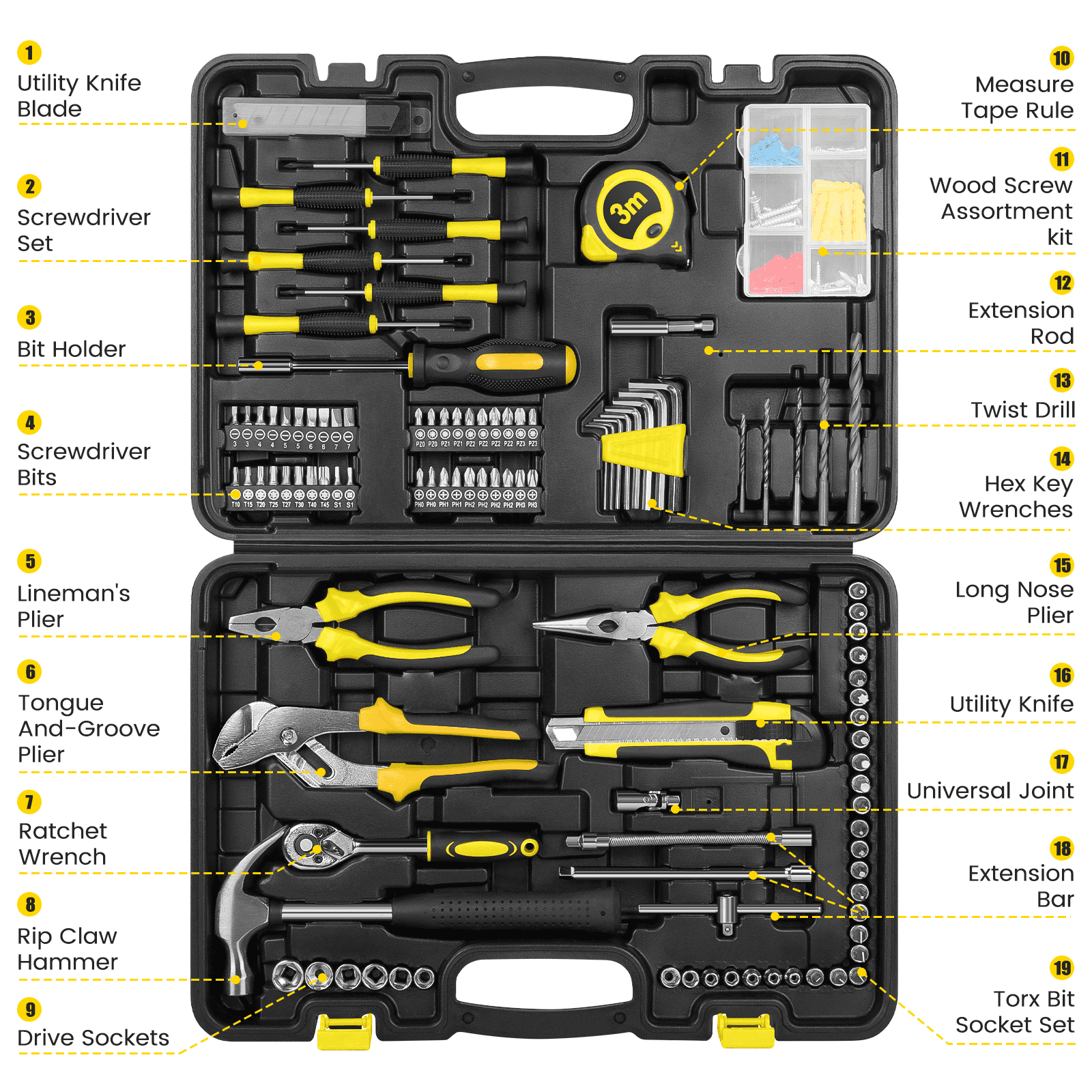 171 Piece Household Tool Kit/Mechanics Tool Set, Socket Wrench Auto Repair Tool Combination Package 1/4" Ratchet Wrench, Mixed Hand Mechanics Tools Kit Socket Set with Toolbox Storage Case, Yellow image 3