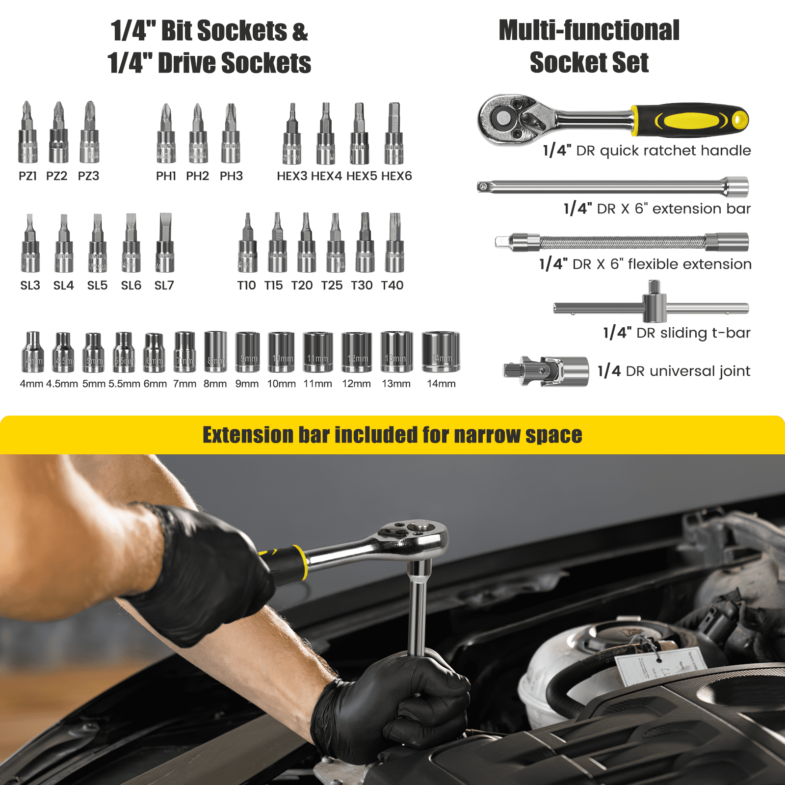171 Piece Household Tool Kit/Mechanics Tool Set, Socket Wrench Auto Repair Tool Combination Package 1/4" Ratchet Wrench, Mixed Hand Mechanics Tools Kit Socket Set with Toolbox Storage Case, Yellow image 4