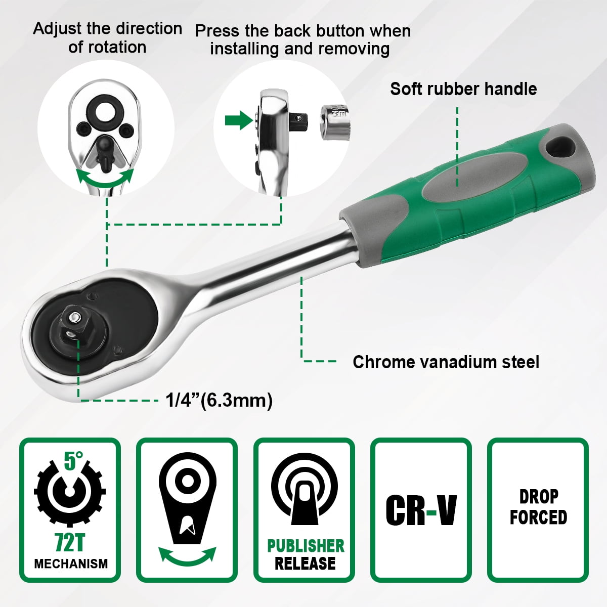 GOXAWEE 46 Pieces 1/4 inch Drive Socket Ratchet Wrench Set, with Bit Socket Set Metric and Extension Bar for Auto Repairing and Household, Green image 2