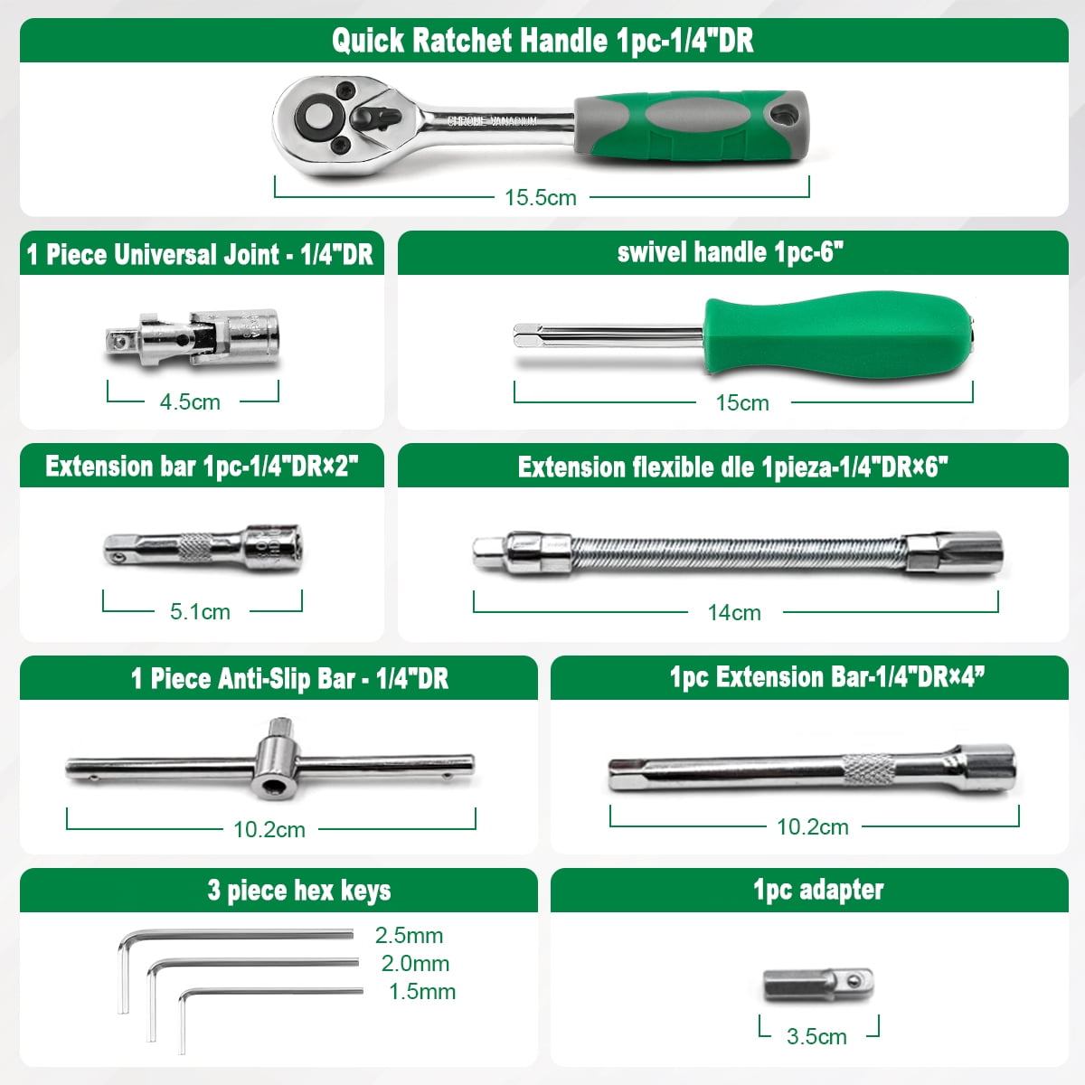 GOXAWEE 46 Pieces 1/4 inch Drive Socket Ratchet Wrench Set, with Bit Socket Set Metric and Extension Bar for Auto Repairing and Household, Green image 6