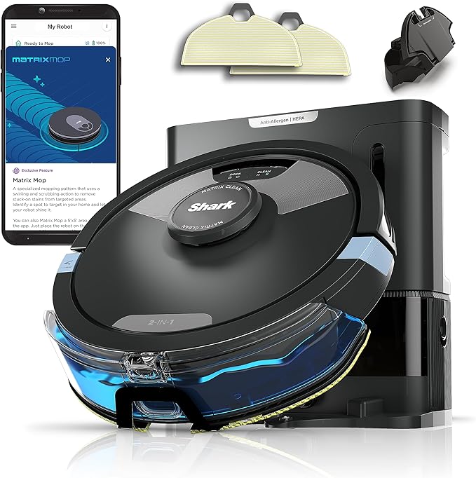 Shark Matrix Plus 2in1 Robot Vacuum & Mop with Sonic Mopping, Matrix Clean, Home Mapping, HEPA Bagless Self Empty Base, CleanEdge, for Pet Hair, Wifi, Black/Silver (RV2610WA) image 1