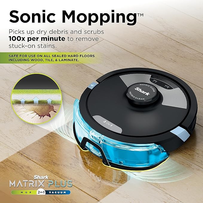 Shark Matrix Plus 2in1 Robot Vacuum & Mop with Sonic Mopping, Matrix Clean, Home Mapping, HEPA Bagless Self Empty Base, CleanEdge, for Pet Hair, Wifi, Black/Silver (RV2610WA) image 4