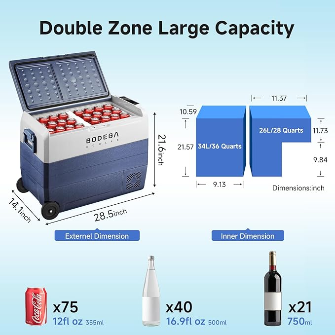 BODEGACOOLER 12 Volt Refrigerator,64 Quart Car Fridge Dual Zone WIFI APP Control,60L Portable Refrigerator Freezer, -4℉-68℉,12v Cooler Fridge,12/24V DC and 100-240V AC for Outdoor,Camping,Travel image 3