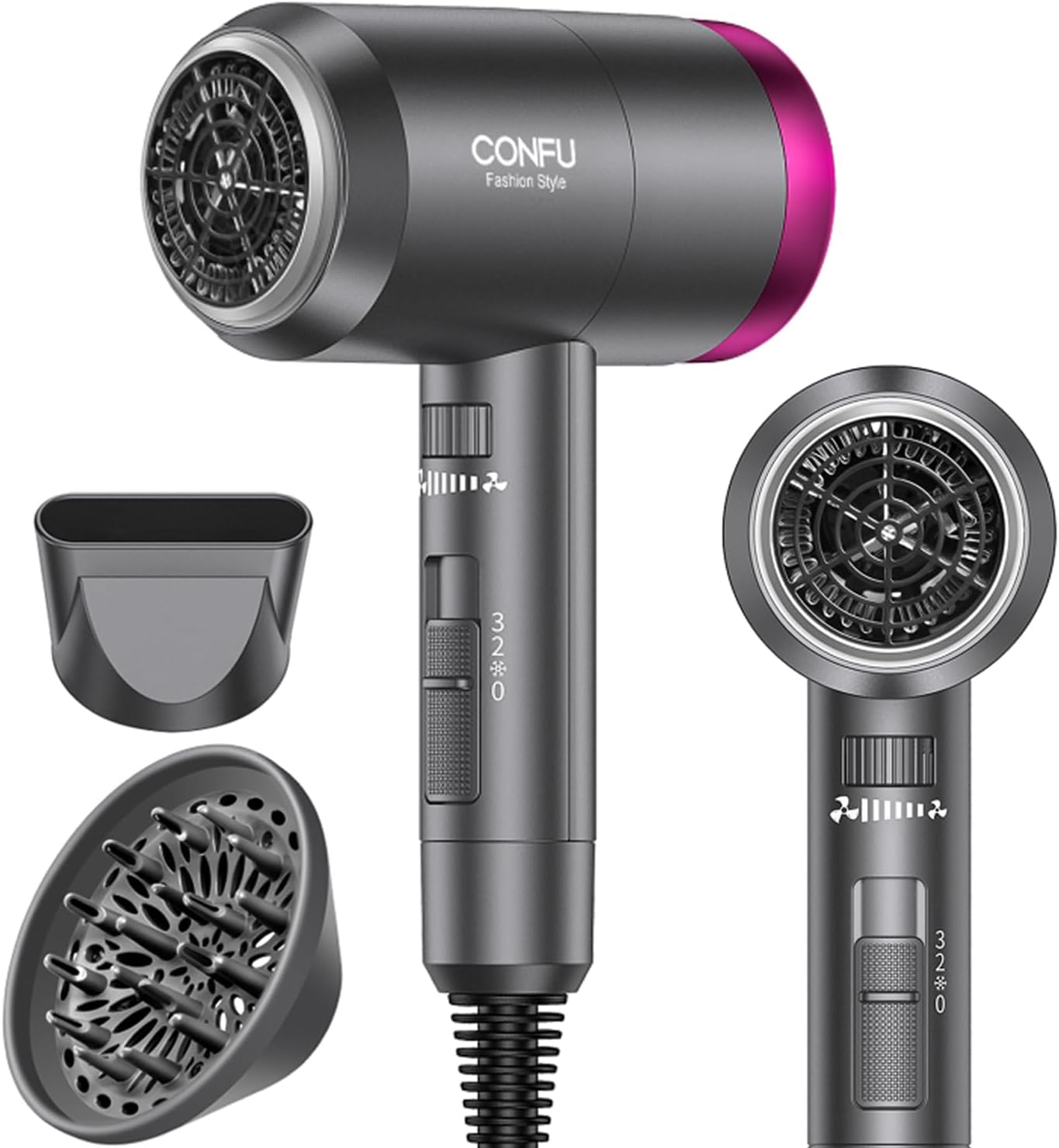 CONFU Ionic Blow Dryer 1600W, Portable Lightweight Fast Drying Negative Ion Hairdryer Blowdryer, 3 Heat Settings & Infinity Speed, with Diffuser and Concentrator Nozzle for Home & Travel image 1