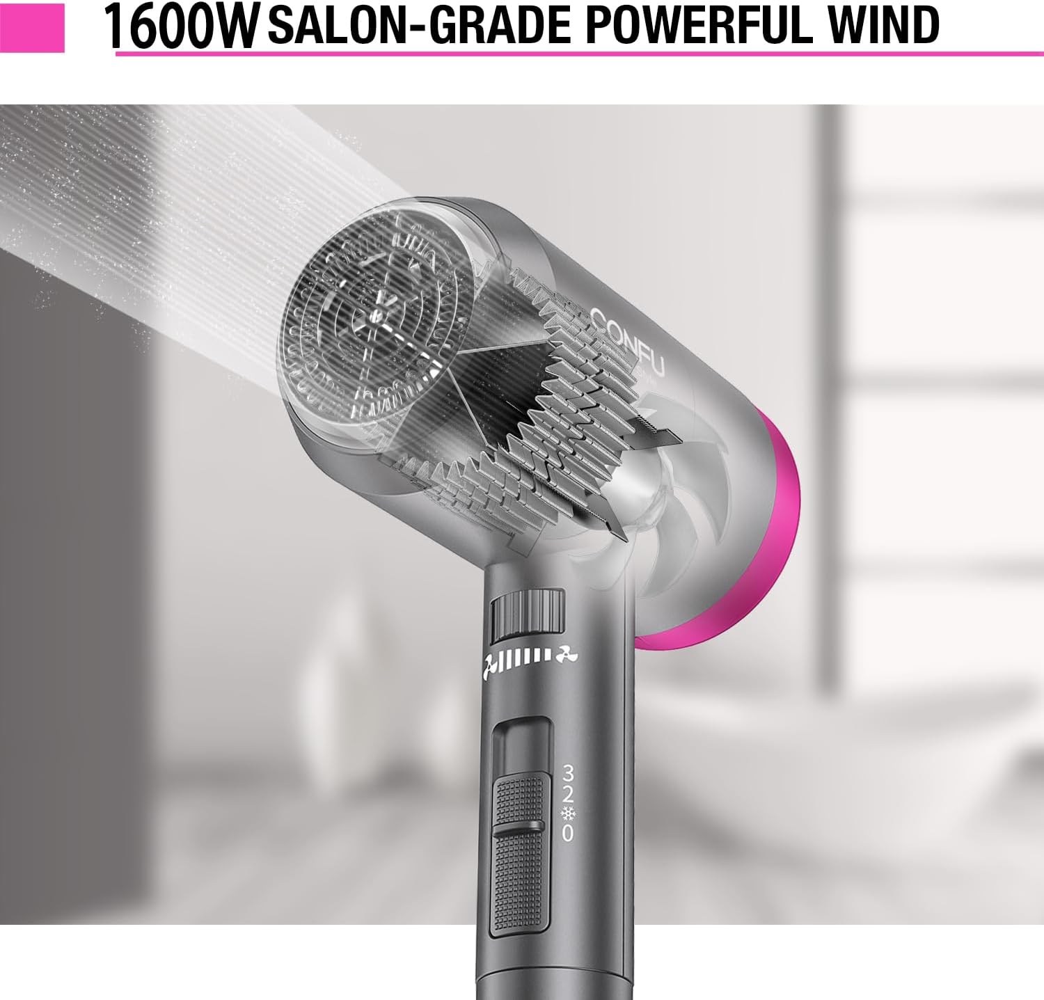 CONFU Ionic Blow Dryer 1600W, Portable Lightweight Fast Drying Negative Ion Hairdryer Blowdryer, 3 Heat Settings & Infinity Speed, with Diffuser and Concentrator Nozzle for Home & Travel image 3