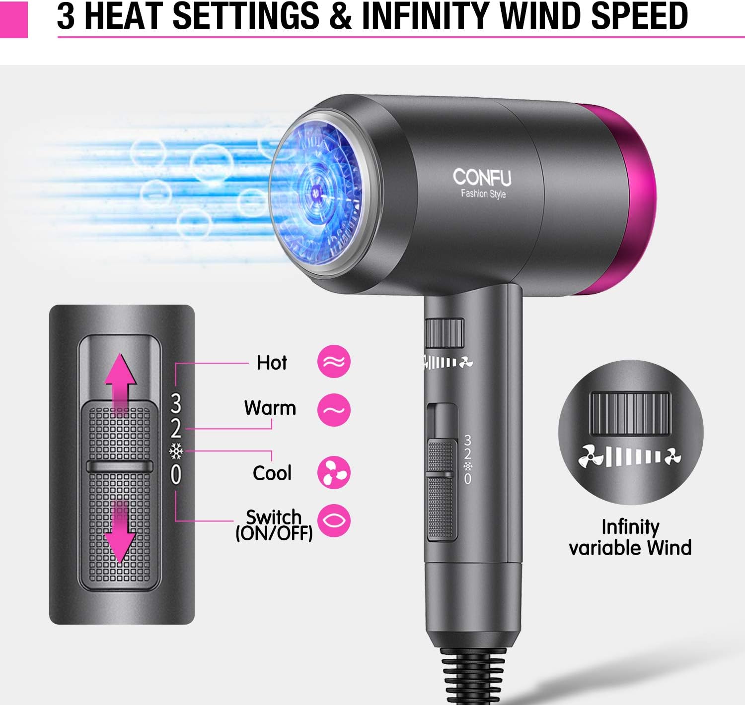 CONFU Ionic Blow Dryer 1600W, Portable Lightweight Fast Drying Negative Ion Hairdryer Blowdryer, 3 Heat Settings & Infinity Speed, with Diffuser and Concentrator Nozzle for Home & Travel image 4