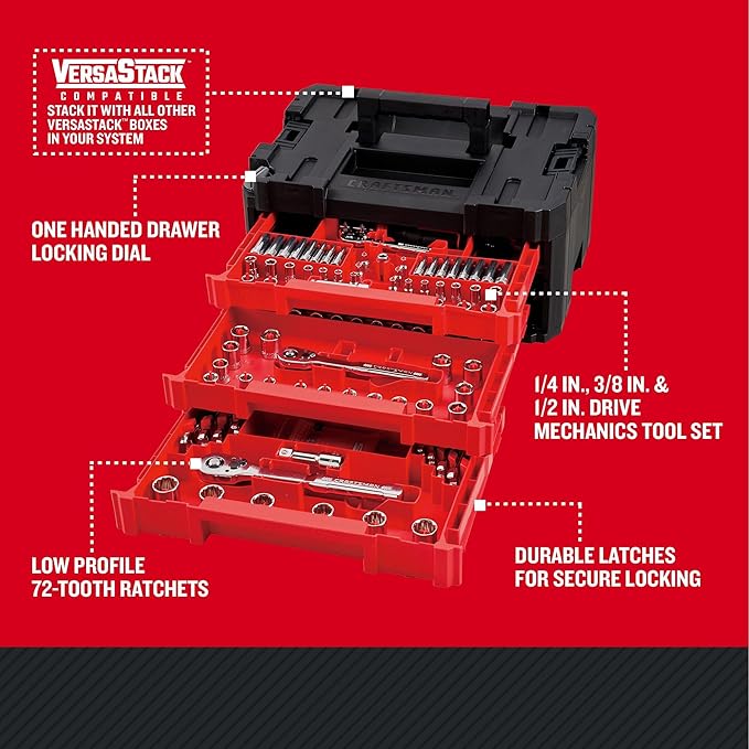 Craftsman VERSASTACK Mechanics Tool Set, 1/4 in, 3/8 in, and 1/2 in Drive, 230 Piece (CMMT45306) image 3