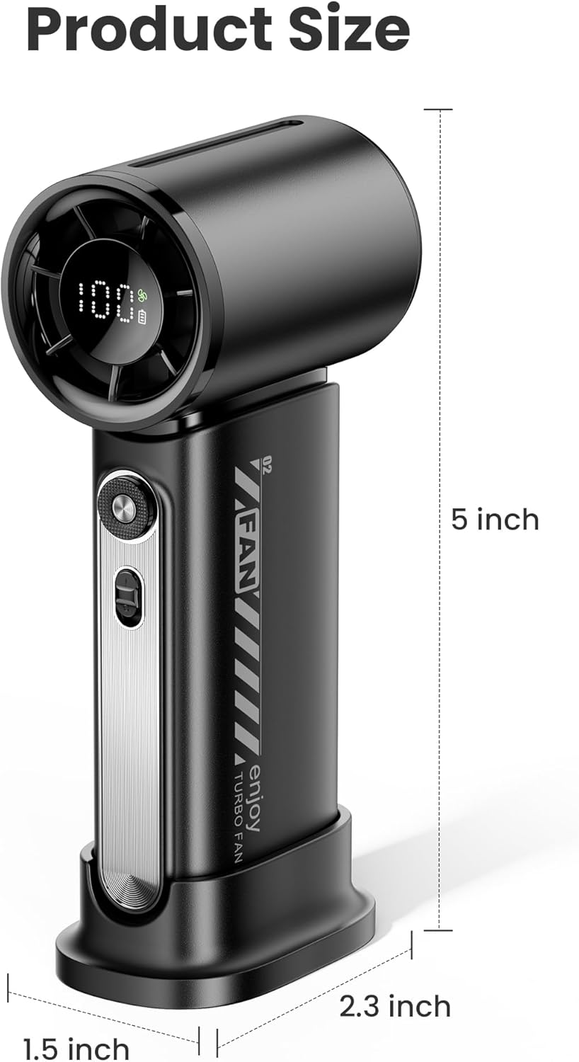 Koonie 19000 RPM High Speed Portable Handheld Fan,100 Speeds Mini Turbo Fan, 3600mAh, 12H Max Cooling Time, Digital Display, 5" Height, Rechargeable Hand Fan for Outdoor Indoor Black image 9